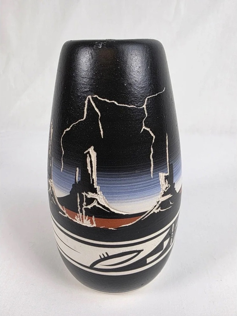 Handcrafted Black Southwestern Ceramic Vase with Painted Desert Scene